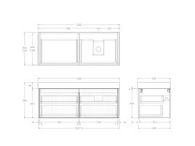Technical Drawing - Kado Neue Fluted Square All Drawer 1200mm Wall Hung Vanity with Right Hand Basin 90mm Top