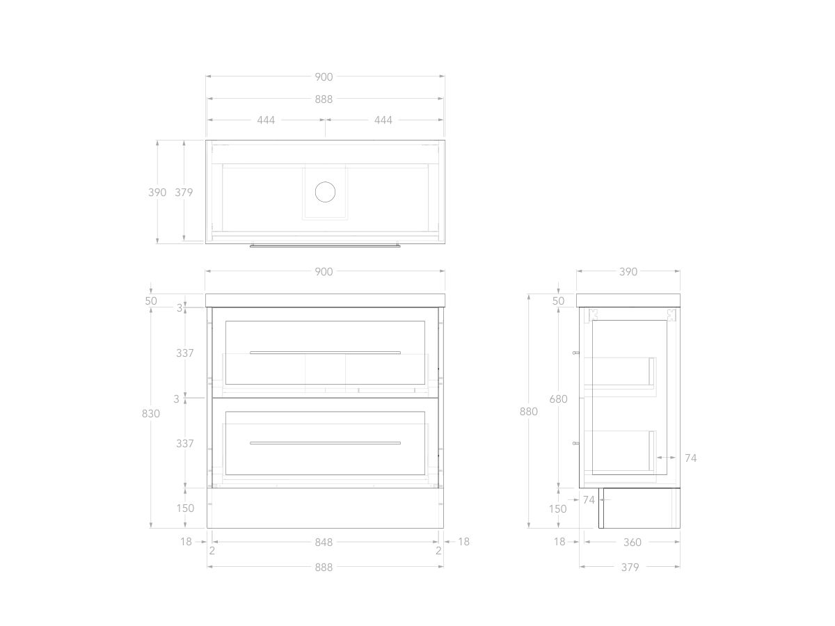 Technical Drawing - Kado Lux Ensuite All Drawer Twin 900mm Floor Mount Centre Basin 50mm Top