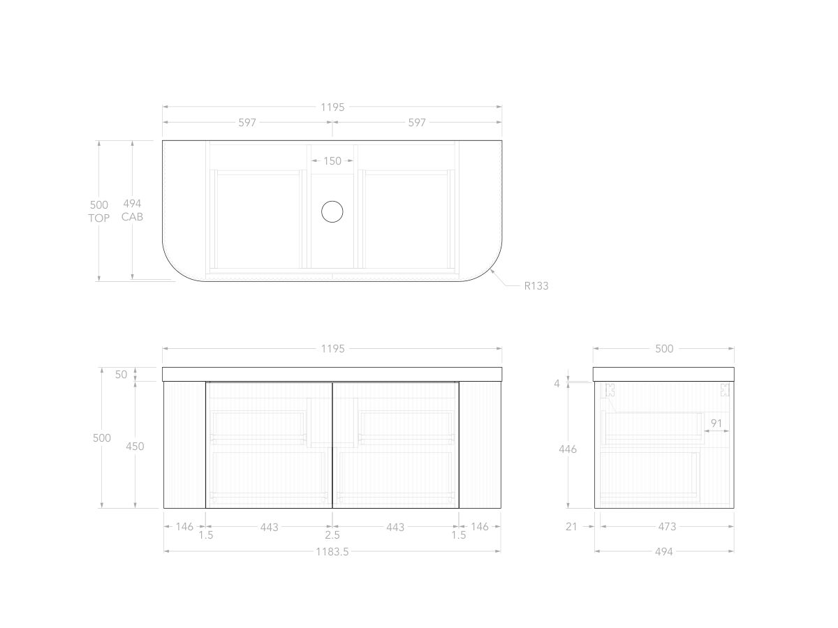 Technical Drawing - Kado Neue Fluted Double Curve All Drawer 1200mm Wall Hung Vanity with Centre Basin Durasein 50mm Top