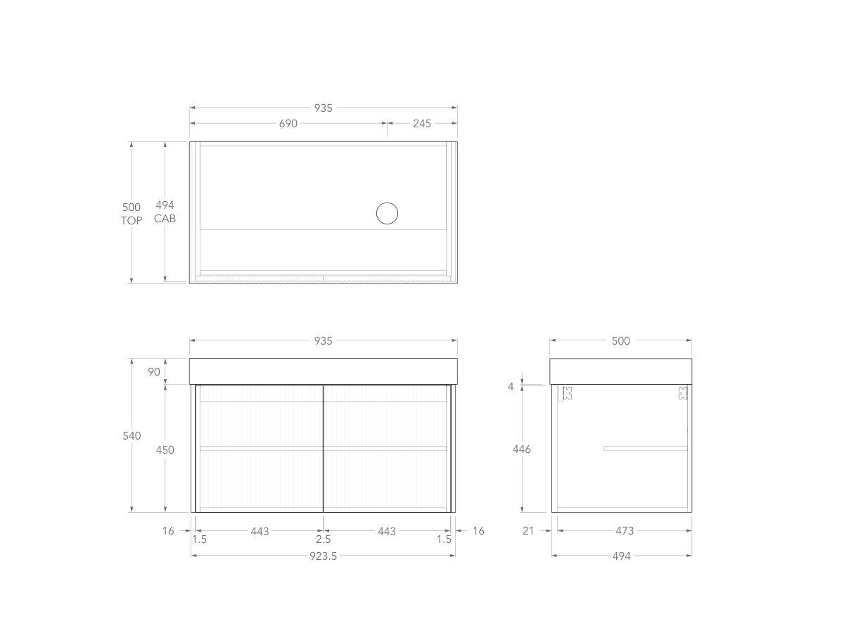 Technical Drawing - Kado Neue Fluted Square All Door 900mm Wall Hung Vanity with Right Basin 90mm Top