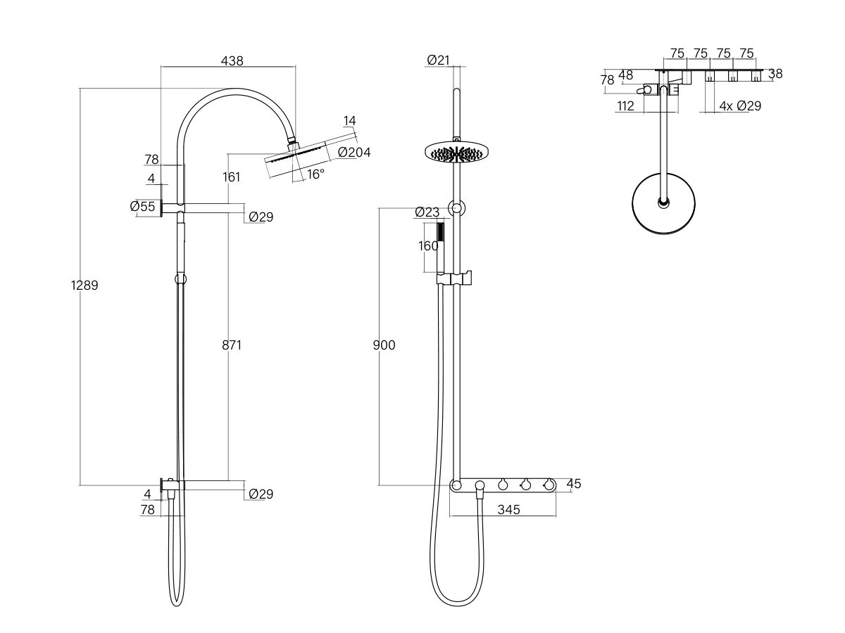 Technical Drawing - Faucet Strommen Vara Fin Wall Set with Twin Rail Shower Tap System Chrome and Matte Black (3 Star) Lead Free