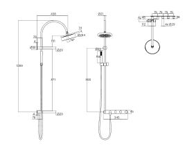 Technical Drawing - Faucet Strommen Vara Fin Wall Set with Twin Rail Shower Tap System Chrome and Matte Black (3 Star) Lead Free