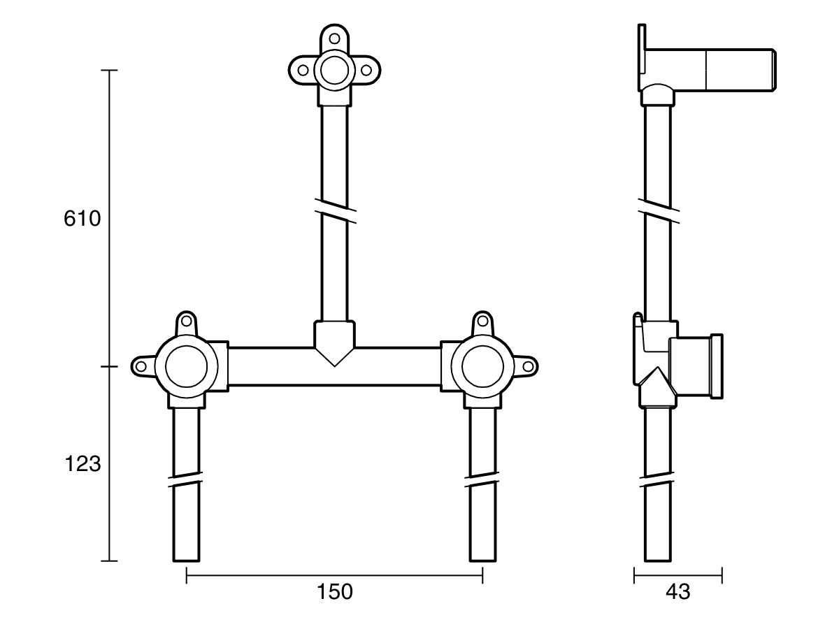 Technical Drawing - Dura Ardent Shower Assembly 150mm Centre with 150mm Tails Bottom Entry Lead Free