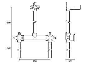 Technical Drawing - Dura Ardent Shower Assembly 150mm Centre with 150mm Tails Bottom Entry Lead Free