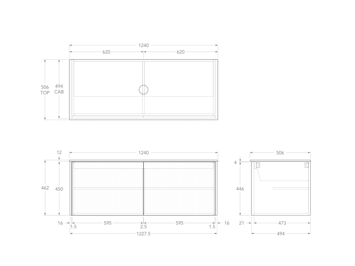 Technical Drawing - Kado Neue Fluted Square All Door 1200mm Wall Hung Vanity with Centre Basin Durasein 12mm Top