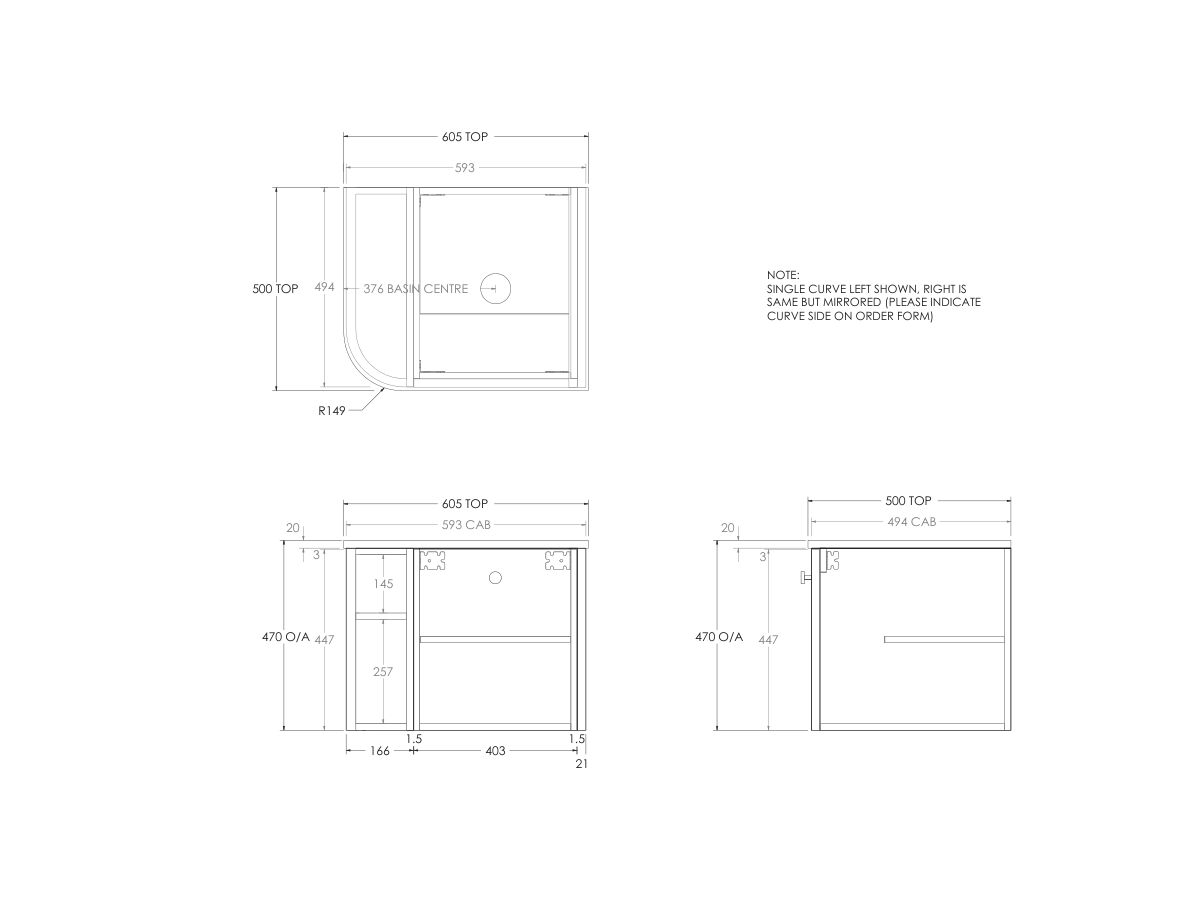Technical Drawing - Kado Era Single Curve All Door 600mm Wall Hung Vanity with Centre Basin 20mm Top