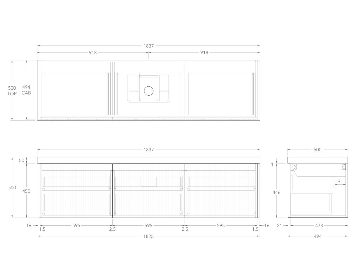 Technical Drawing - Kado Neue Fluted Square All Drawer 1800mm Wall Hung Vanity with Centre Basin 50mm Top