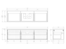 Technical Drawing - Kado Neue Fluted Square All Drawer 1800mm Wall Hung Vanity with Centre Basin 50mm Top