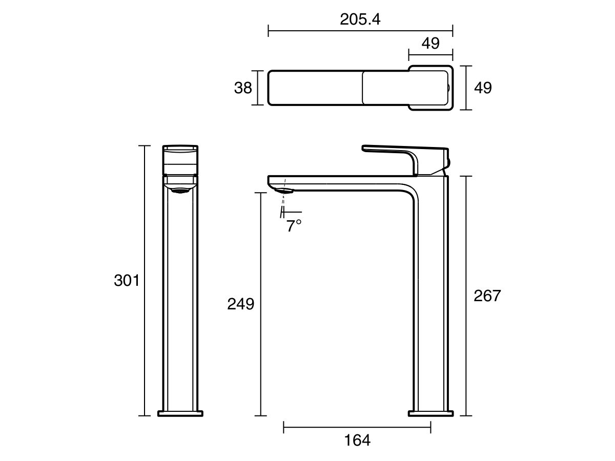 Technical Drawing - Mizu Bloc Extended Basin Mixer (6 Star) Lead Free
