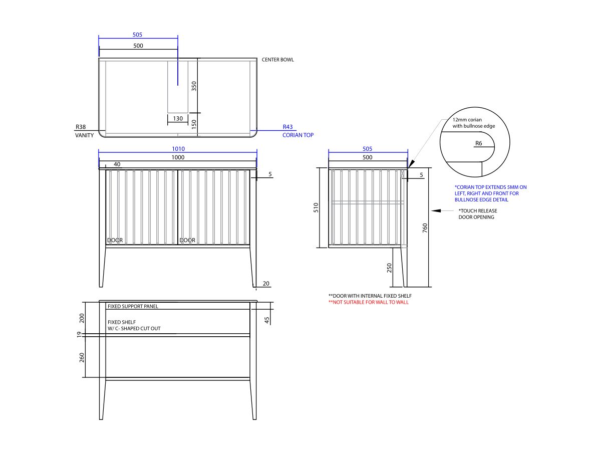 ISSY Cloud I 1000mm x 500mm x 760mm Vanity Unit with Legs 2 Touch Latch Doors (No Basin)