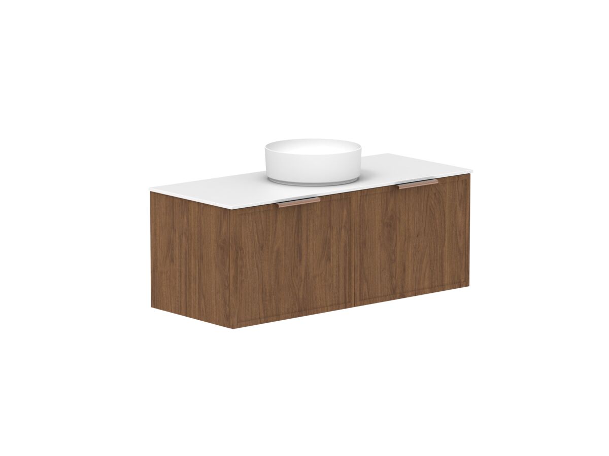 Supporting Image - Kado Lux Slim All Drawer 1200mm Wall Hung Vanity with Centre Basin Durasein 12mm Top Florentine Walnut