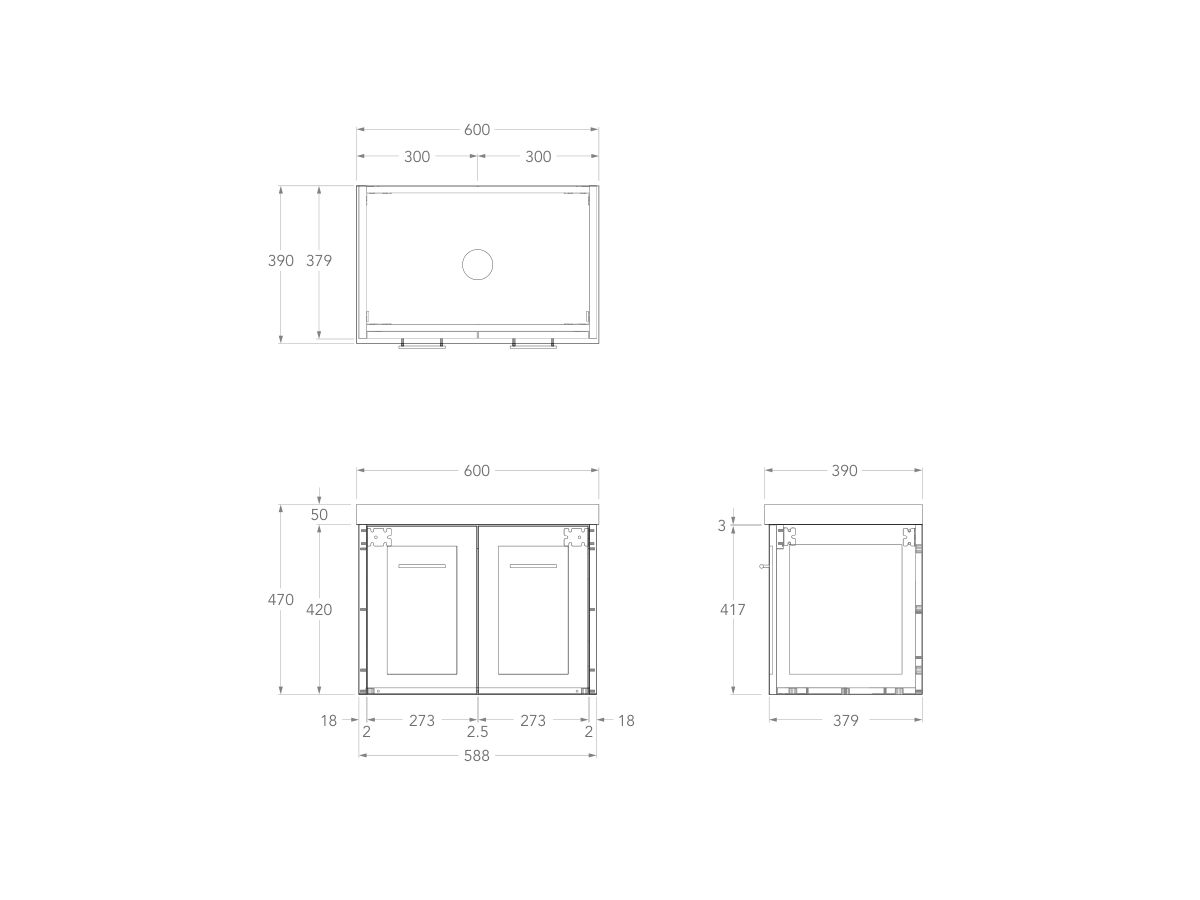 Technical Drawing - Kado Lux Ensuite All Door 600mm Wall Hung Centre Basin 50mm Top