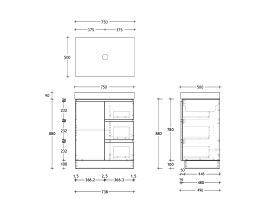 Technical Drawing - Posh Domaine 750mm Floor Mount Vanity Unit Conventional 90mm Top