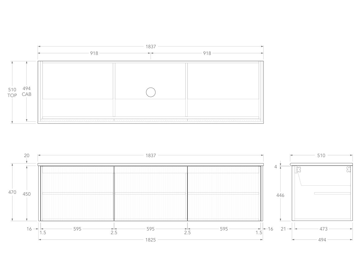 Technical Drawing - Kado Neue Fluted Square All Door 1800mm Wall Hung Vanity with Centre Basin 20mm Top