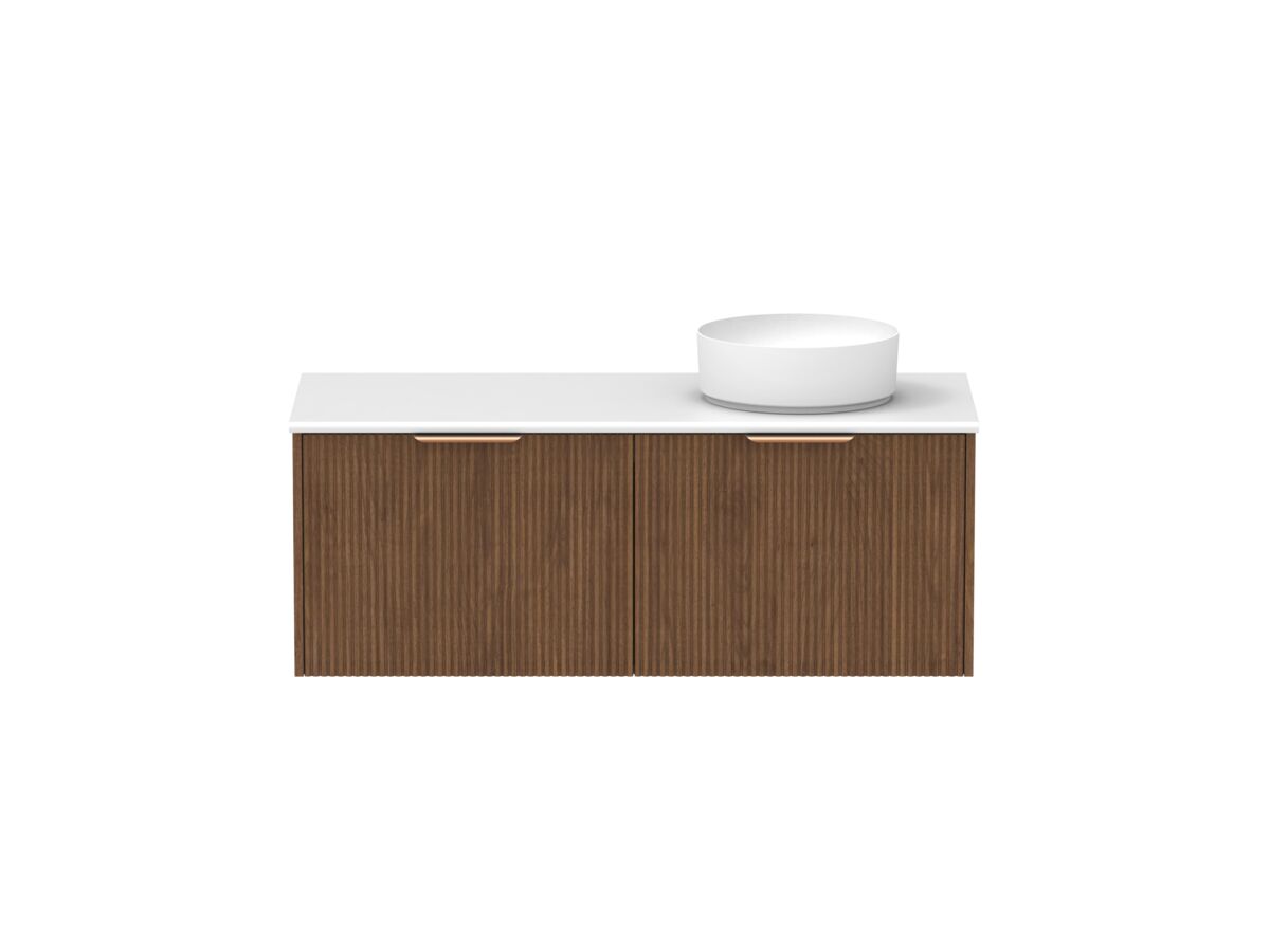 Supporting Image - Kado Neue Fluted Square All Drawer 1200mm Wall Hung Vanity with Right Hand Basin 20mm Top Florentine Walnut