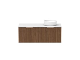 Supporting Image - Kado Neue Fluted Square All Drawer 1200mm Wall Hung Vanity with Right Hand Basin 20mm Top Florentine Walnut