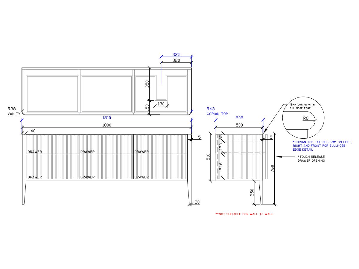 ISSY Cloud II 1800mm x 500mm x 760mm Vanity Unit with Legs 6 Touch Latch Drawers (No Basin)