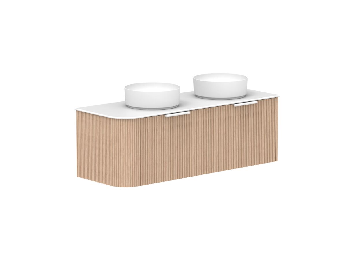 Supporting Image 2- Kado Neue Fluted Single Curve All Drawer 1350mm Wall Hung Vanity with Double Basin Durasein 12mm Top Blonde Oak