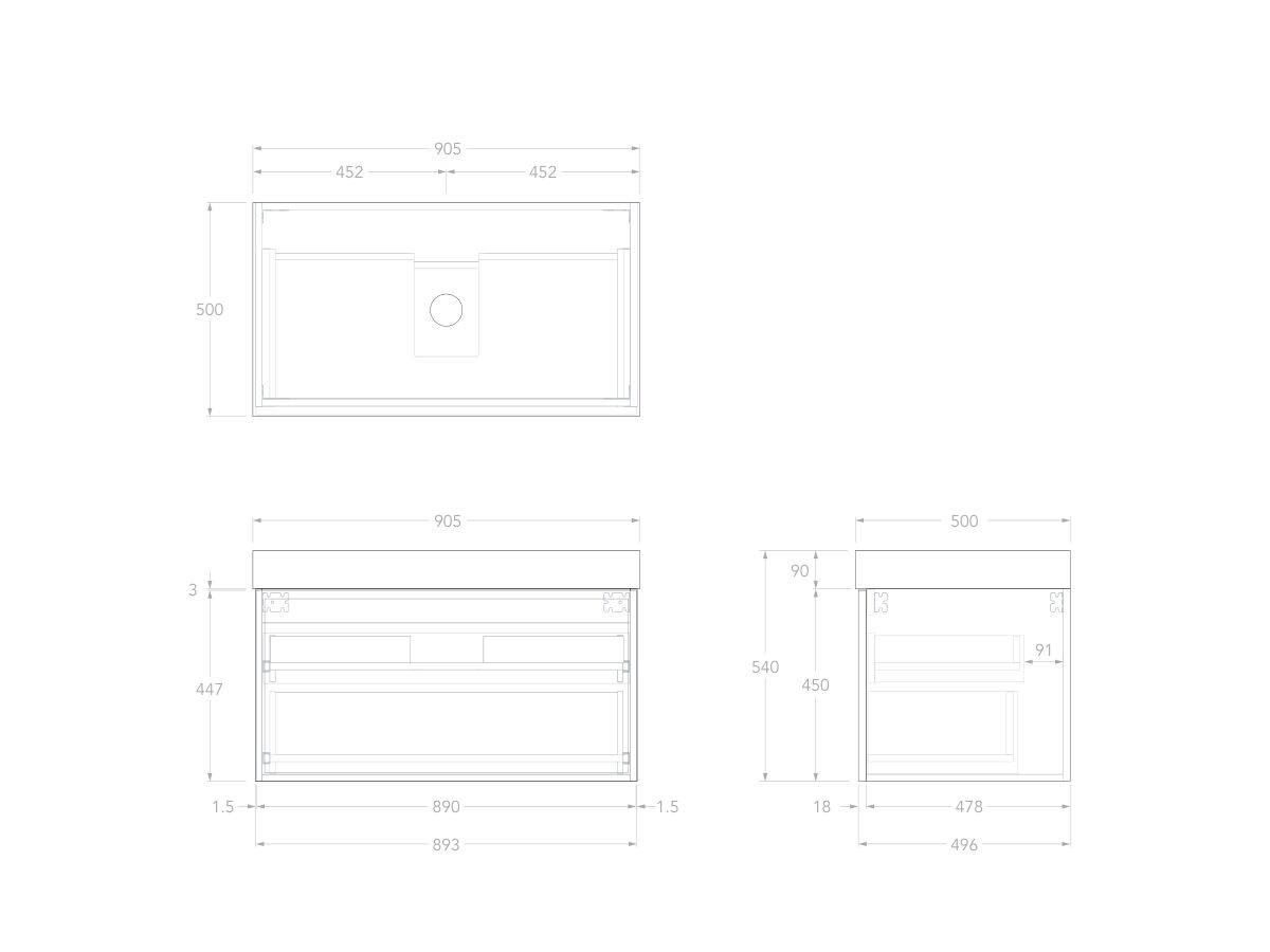 Technical Drawing - Kado Lux Slim All Drawer 900mm Wall Hung Vanity with Centre Basin 90mm Top