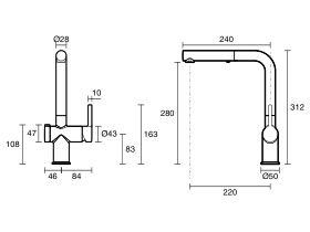 Technical Drawing - Franke Active Twist Pull Out Sink Mixer Only (5 Star) Lead Free