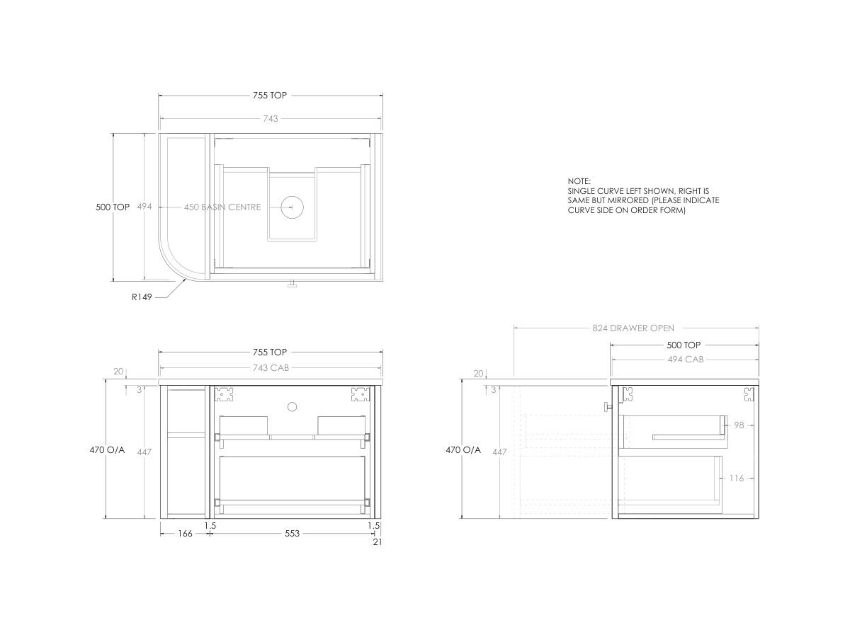 Technical Drawing - Kado Era Single Curve All Drawer 750mm Wall Hung Vanity with Centre Basin 20mm Top