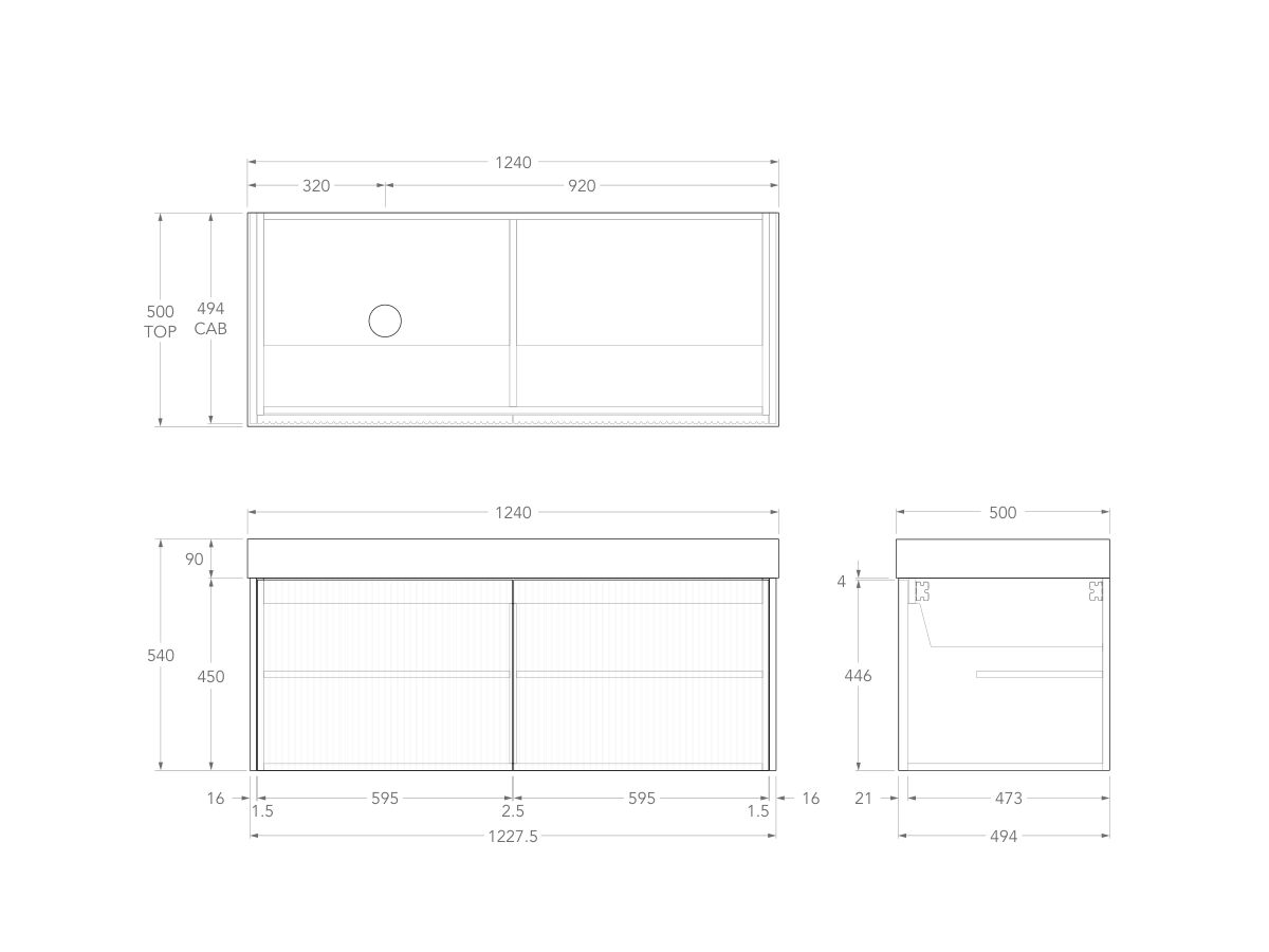 Technical Drawing - Kado Neue Fluted Square All Door 1200mm Wall Hung Vanity with Left Hand Basin 90mm Top