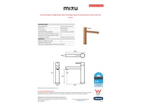 Specification Sheet - Mizu Drift Medium Height Basin Mixer Tap Straight Spout Brushed Bronze (6 Star) Lead Free