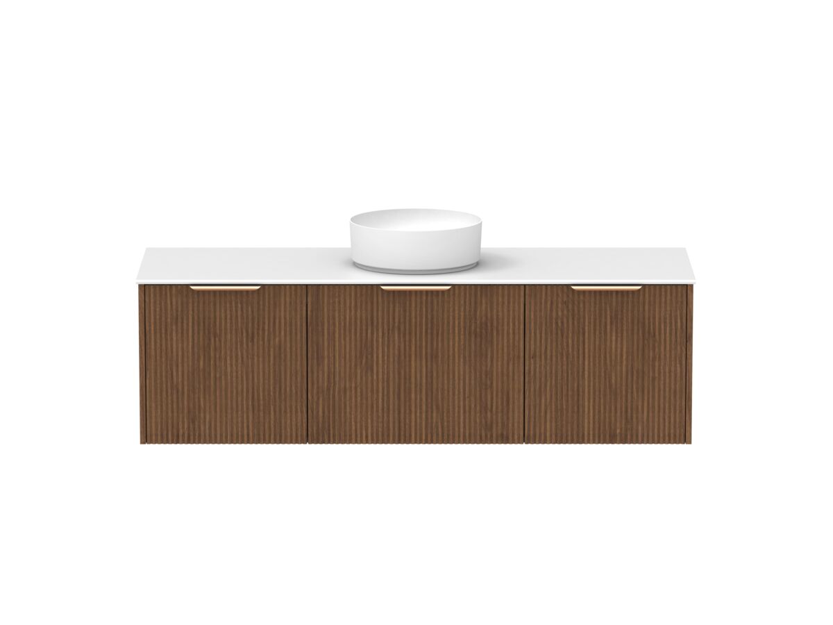 Supporting Image - Kado Neue Fluted Square All Drawer 1500mm Wall Hung Vanity with Centre Basin Durasein 12mm Top Florentine Walnut