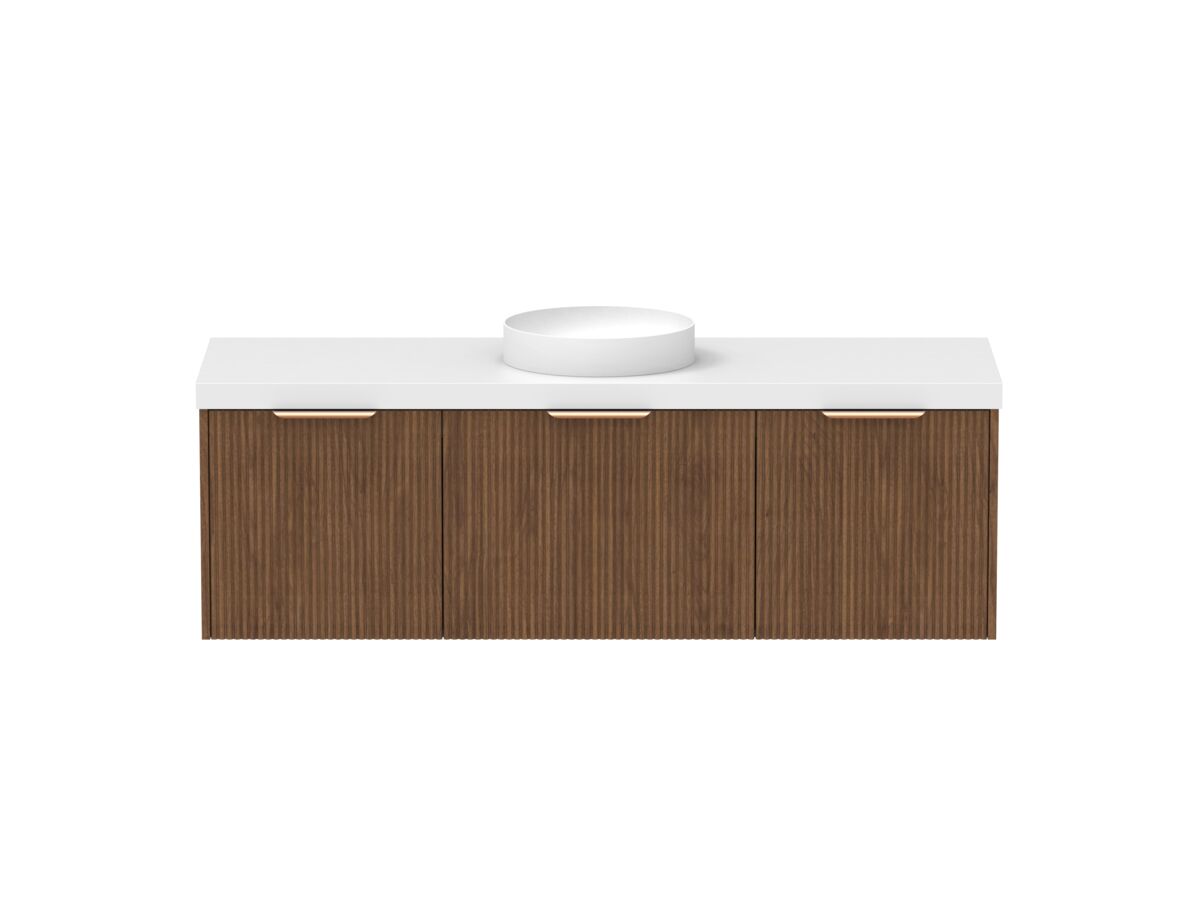 Supporting Image - Kado Neue Fluted Square All Drawer 1500mm Wall Hung Vanity with Centre Basin 50mm Top Florentine Walnut