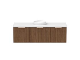 Supporting Image - Kado Neue Fluted Square All Drawer 1500mm Wall Hung Vanity with Centre Basin 50mm Top Florentine Walnut