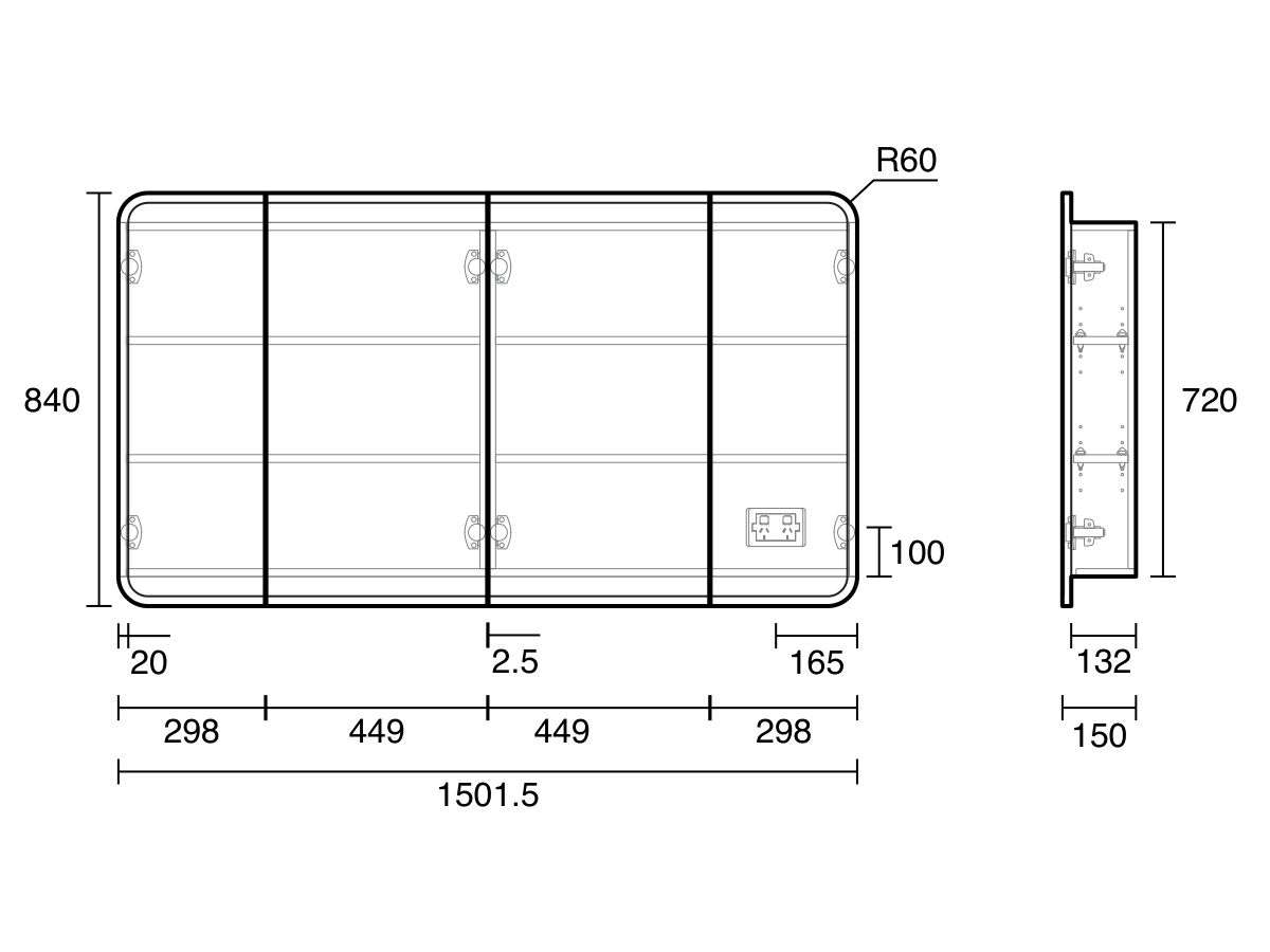 Technical Drawing - Kado Lux Framed 4 Door Double Mirror Shaving Cabinet 1500mm x 840mm
