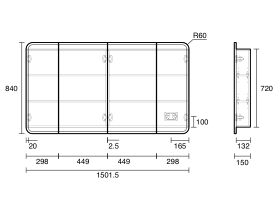 Technical Drawing - Kado Lux Framed 4 Door Double Mirror Shaving Cabinet 1500mm x 840mm