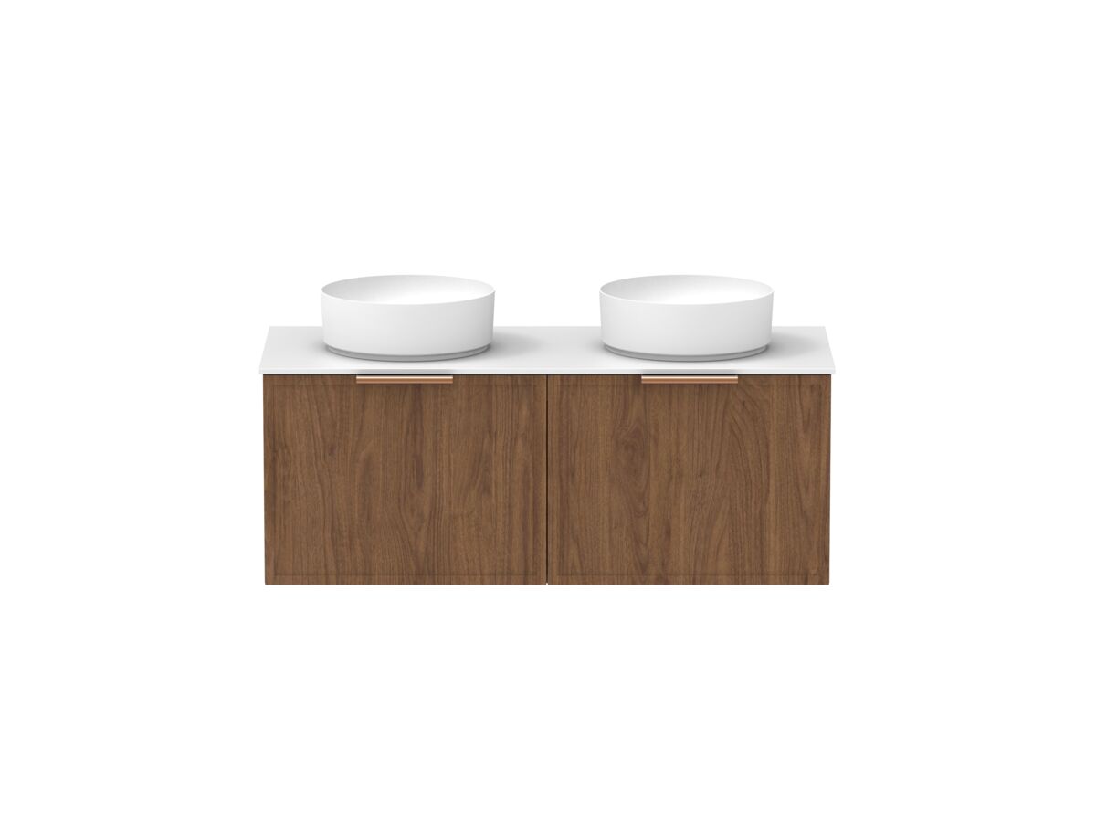 Supporting Image - Kado Lux Slim All Drawer 1200mm Wall Hung Vanity with Double Basin Durasein 12mm Top Florentine Walnut