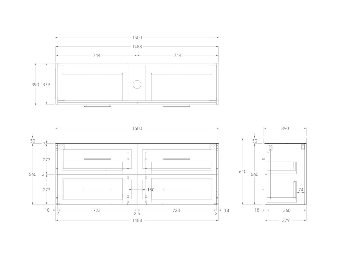 Technical Drawing - Kado Lux Ensuite All Drawer Twin 1500mm Wall Hung Centre Basin 50mm Top