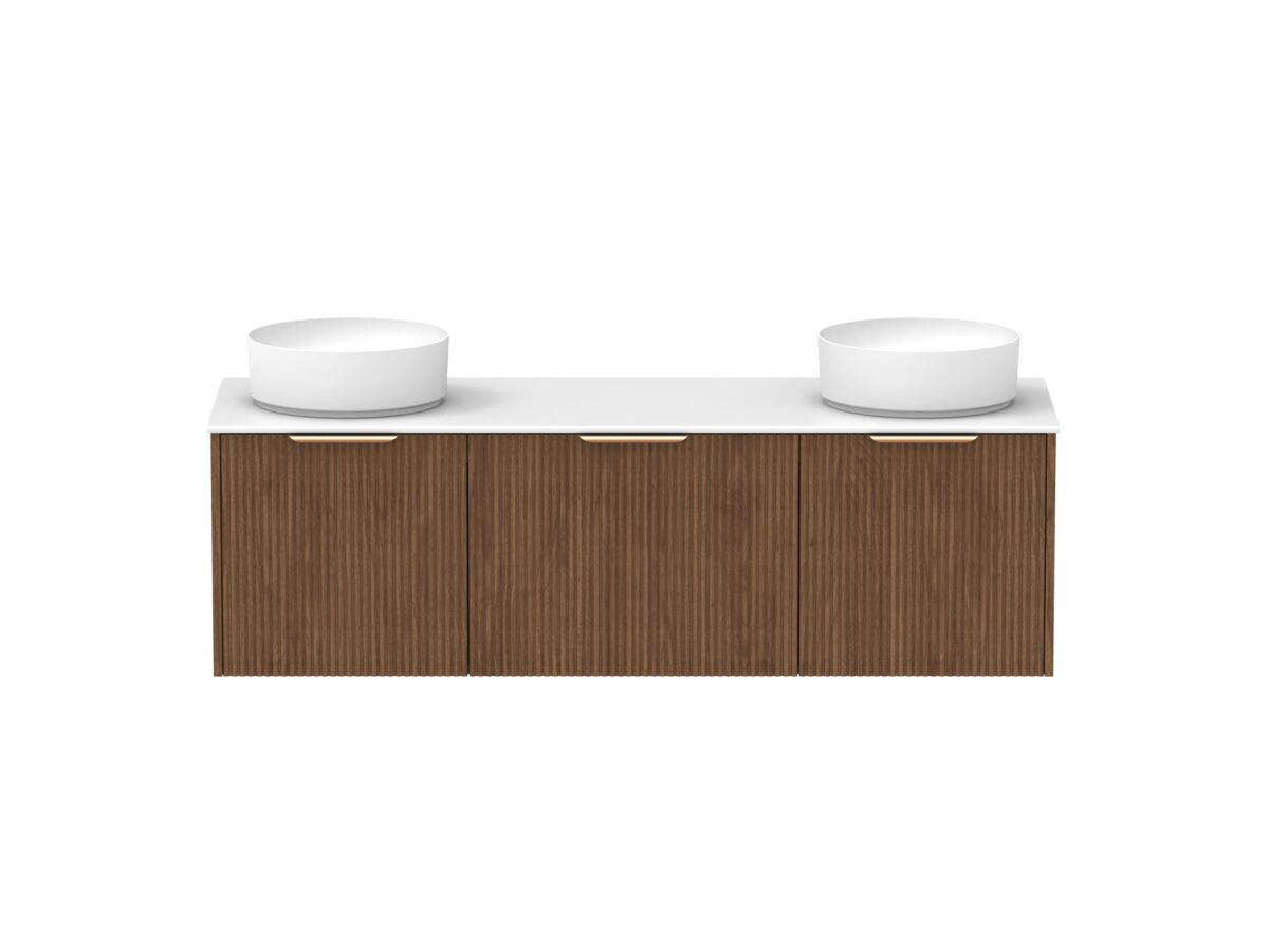 Supporting Image - Kado Neue Fluted Square All Drawer 1500mm Wall Hung Vanity with Double Basin Durasein 12mm Top Florentine Walnut