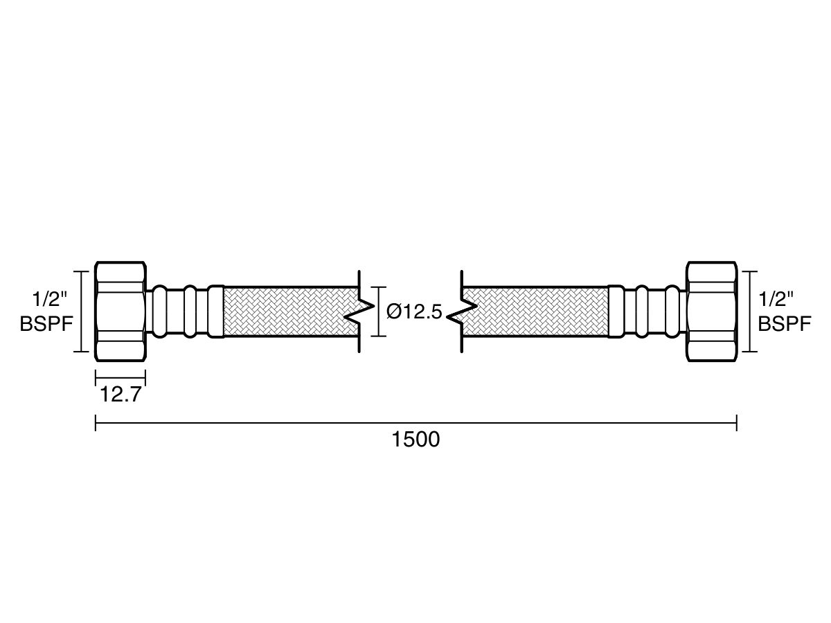 Technical Drawing - Dura Pex Flexible Hose Connector Water 1500mm Nylon Low-Temp Lead Free