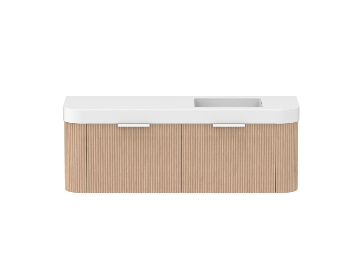 Supporting Image - Kado Neue Fluted Double Curve All Drawer 1500mm Wall Hung Vanity with Right Hand Basin Durasein 90mm Top Blonde Oak