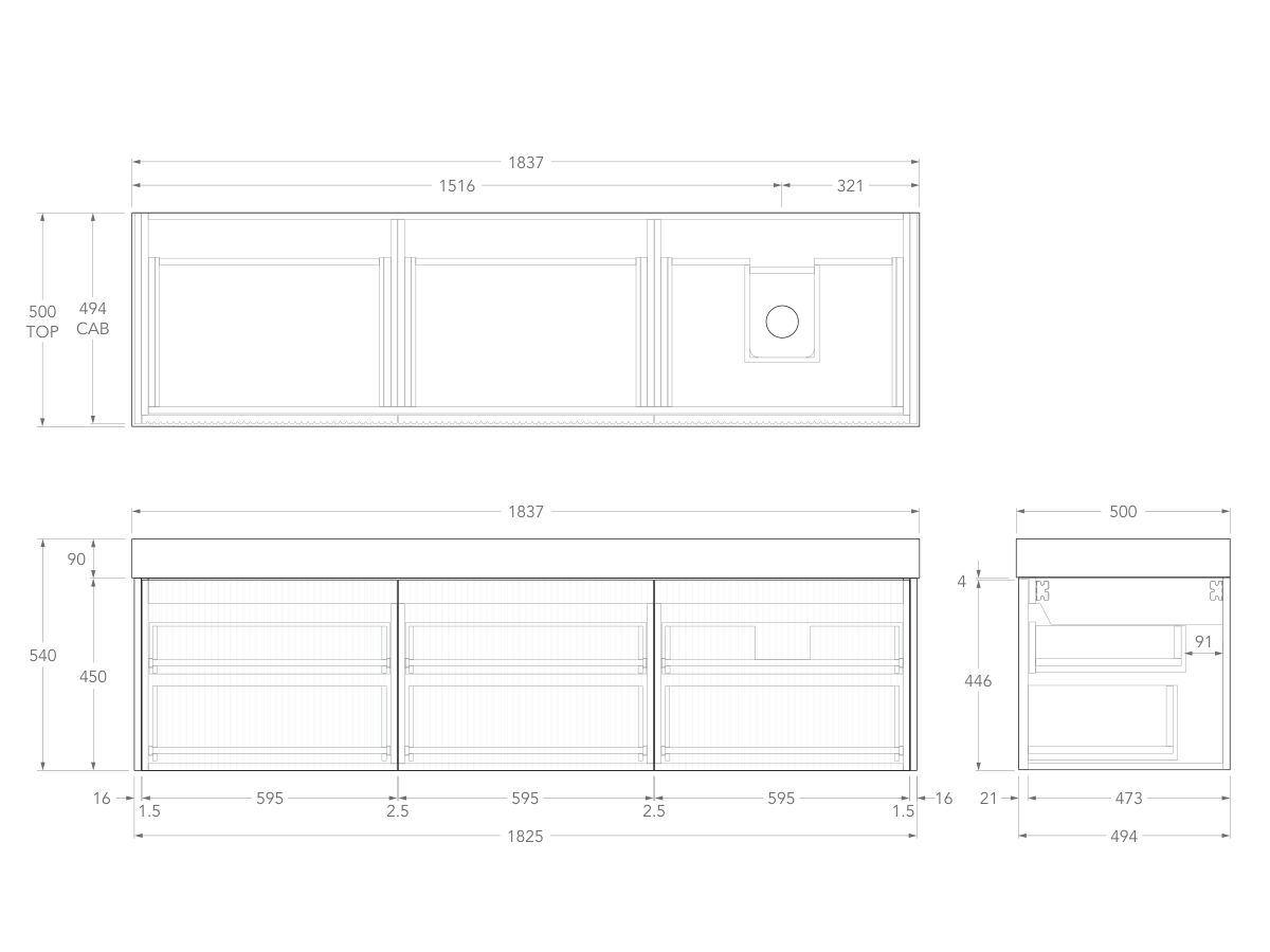 Technical Drawing - Kado Neue Fluted Square All Drawer 1800mm Wall Hung Vanity with Right Hand Basin 90mm Top