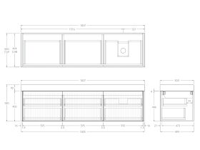 Technical Drawing - Kado Neue Fluted Square All Drawer 1800mm Wall Hung Vanity with Right Hand Basin 90mm Top
