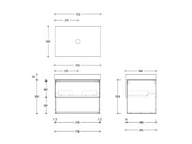 Technical Drawing - Posh Domaine 750mm Wall Hung Vanity Unit All-Drawer Open Shelf 90mm Top