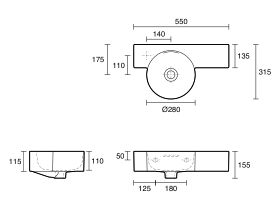 Technical Drawing - LAUFEN Val Wall Basin Left Hand Bowl 550mm x 315mm 1 Taphole with Overflow