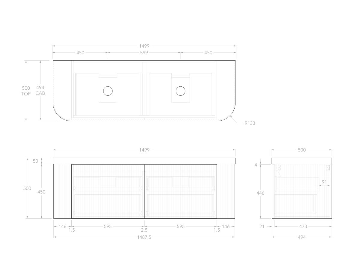 Technical Drawing - Kado Neue Fluted Double Curve All Drawer 1500mm Wall Hung Vanity with Double Basin Durasein 50mm Top