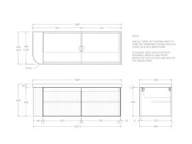 Technical Drawing - Kado Neue Fluted Single Curve All Door 1350mm Wall Hung Vanity with Centre Basin Durasein 50mm Top