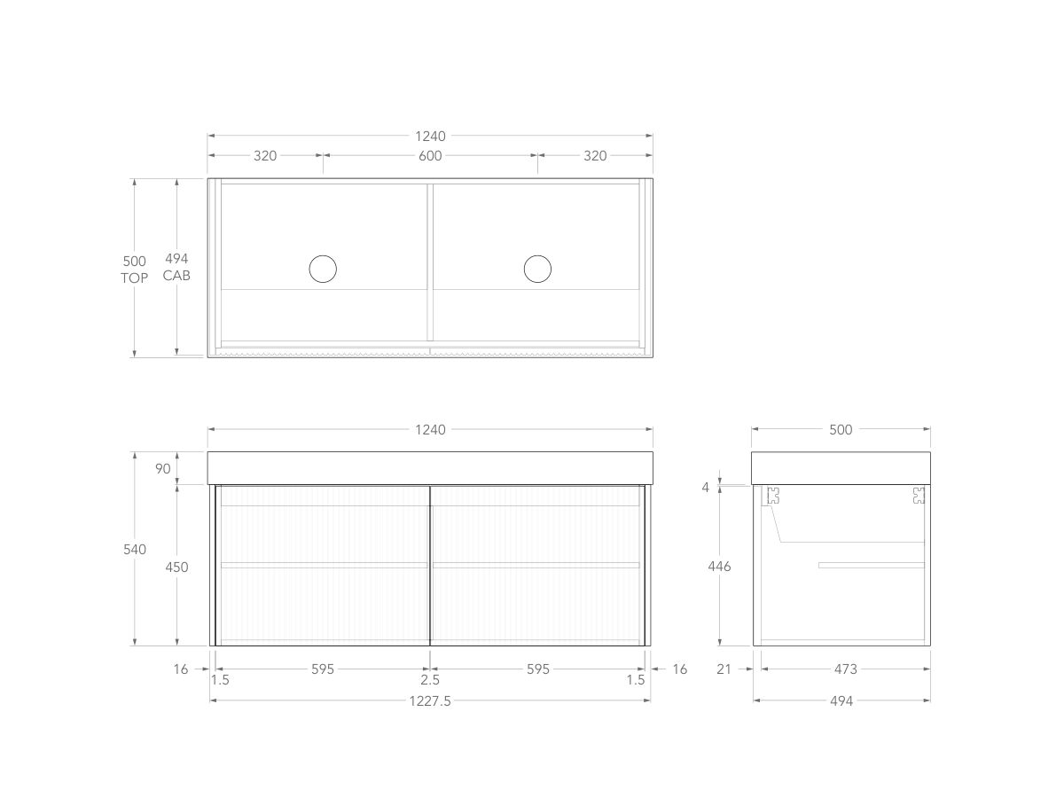 Technical Drawing - Kado Neue Fluted Square All Door 1200mm Wall Hung Vanity with Double Basin 90mm Top