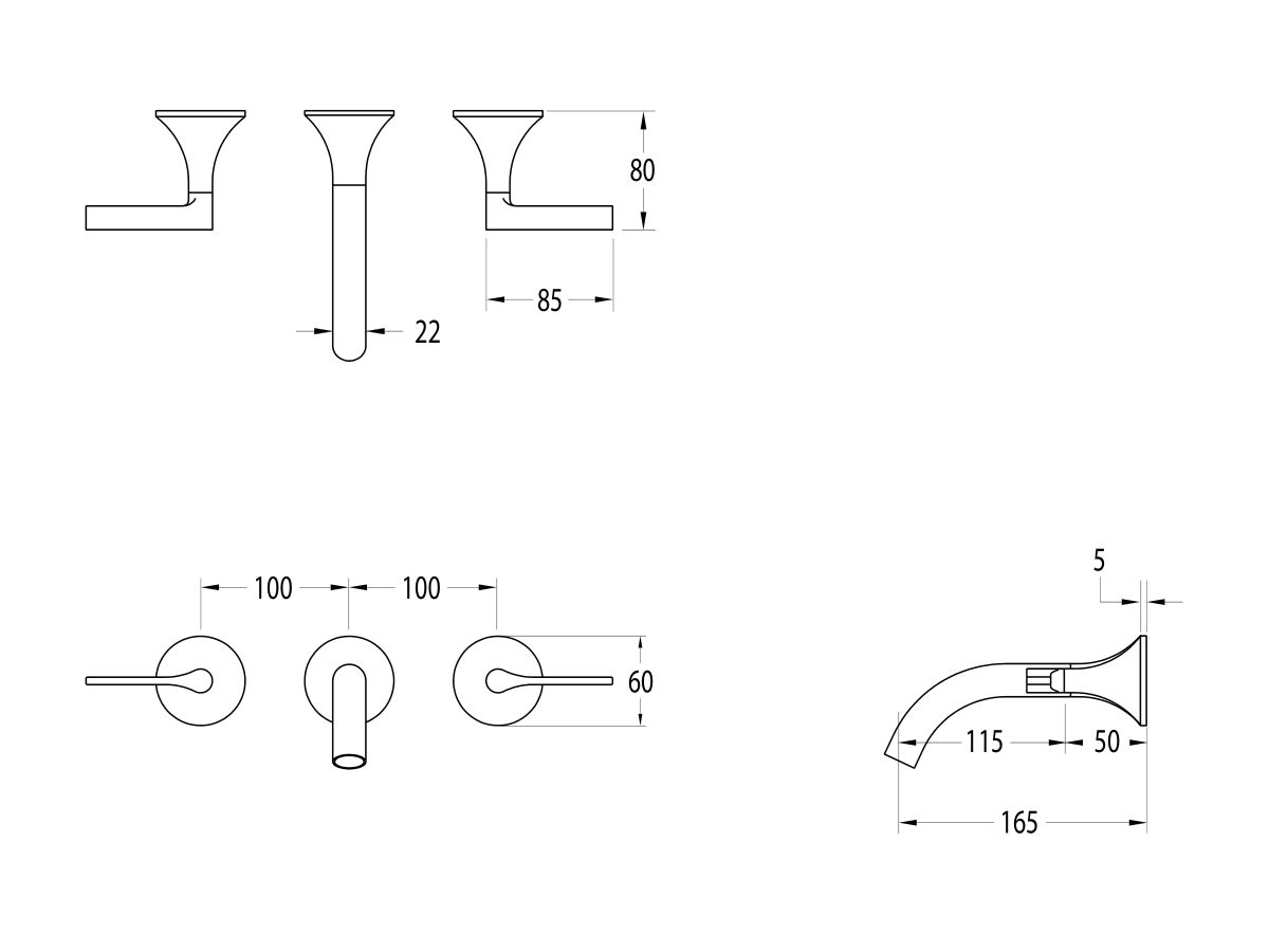Sussex Oria Wall Basin Set 165mm (5 Star)
