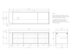 Technical Drawing - Kado Neue Fluted Single Curve All Door 1650mm Wall Hung Vanity with Left Hand Basin Durasein 90mm Top