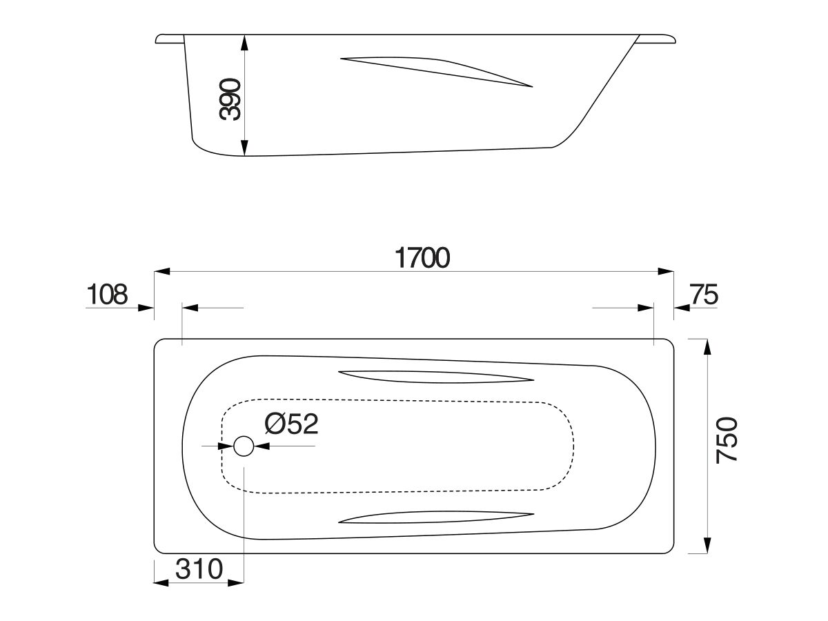 Kado Lux Bath Pressed Steel 1700mm x 750mm White