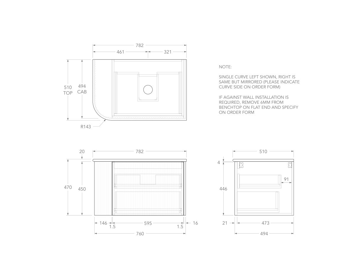 Technical Drawing - Kado Neue Fluted Single Curve All Drawer 750mm Wall Hung Vanity with Centre Basin 20mm Top