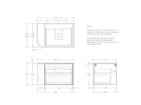 Technical Drawing - Kado Neue Fluted Single Curve All Drawer 750mm Wall Hung Vanity with Centre Basin 20mm Top