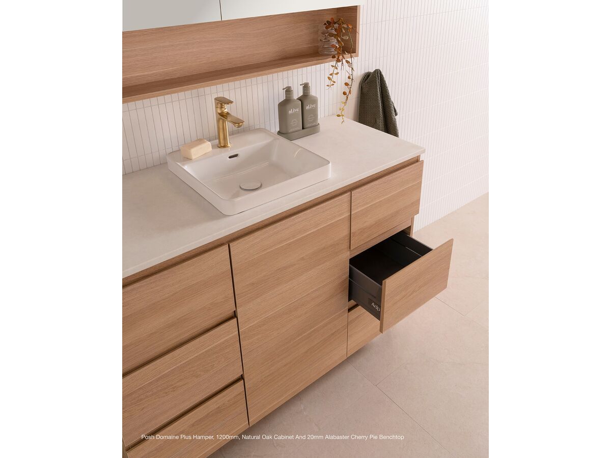 Posh Domaine Plus Hamper, 1200mm, Natural Oak Cabinet and 20mm Alabaster Cherry Pie benchtop